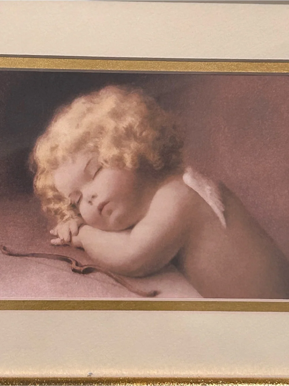 VTG 90s Celestial Sleeping Cherub Angel Framed Print Cupid Caught Napping Decor